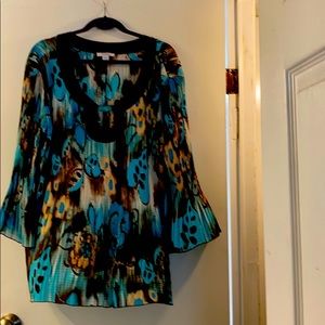 Pleated blouse brown and turquoise